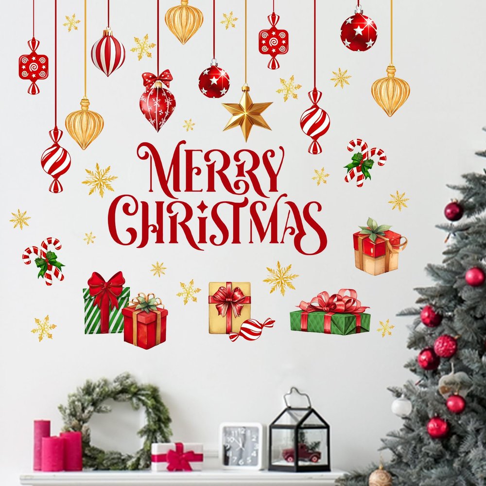 Mfault Merry Christmas Balls Wall Decals Stickers, Xmas Gifts Gold