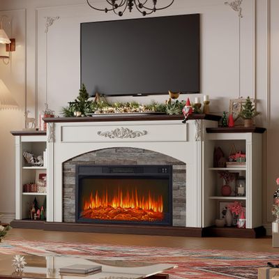 80" Electric Fireplace with Mantel, Fireplace TV Stand for TVs Up to 90 Inch,30 Fire Place Insert Heater for Living Room,Farmhouse Entertainment Center with Storage for Bedroom