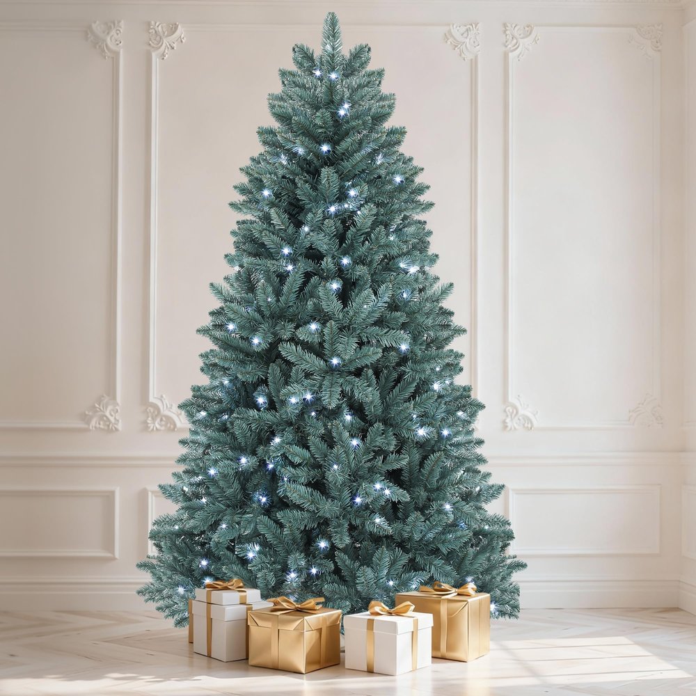 DWVO Prelit Christmas Tree 6ft, Colorado Blue Spruce Atificial Christmas Tree with 450 Cold LED Lights Includes Metal Stand, Green Full Xmas Trees with 880 Metal Hinged Branch Tips, for Home Party