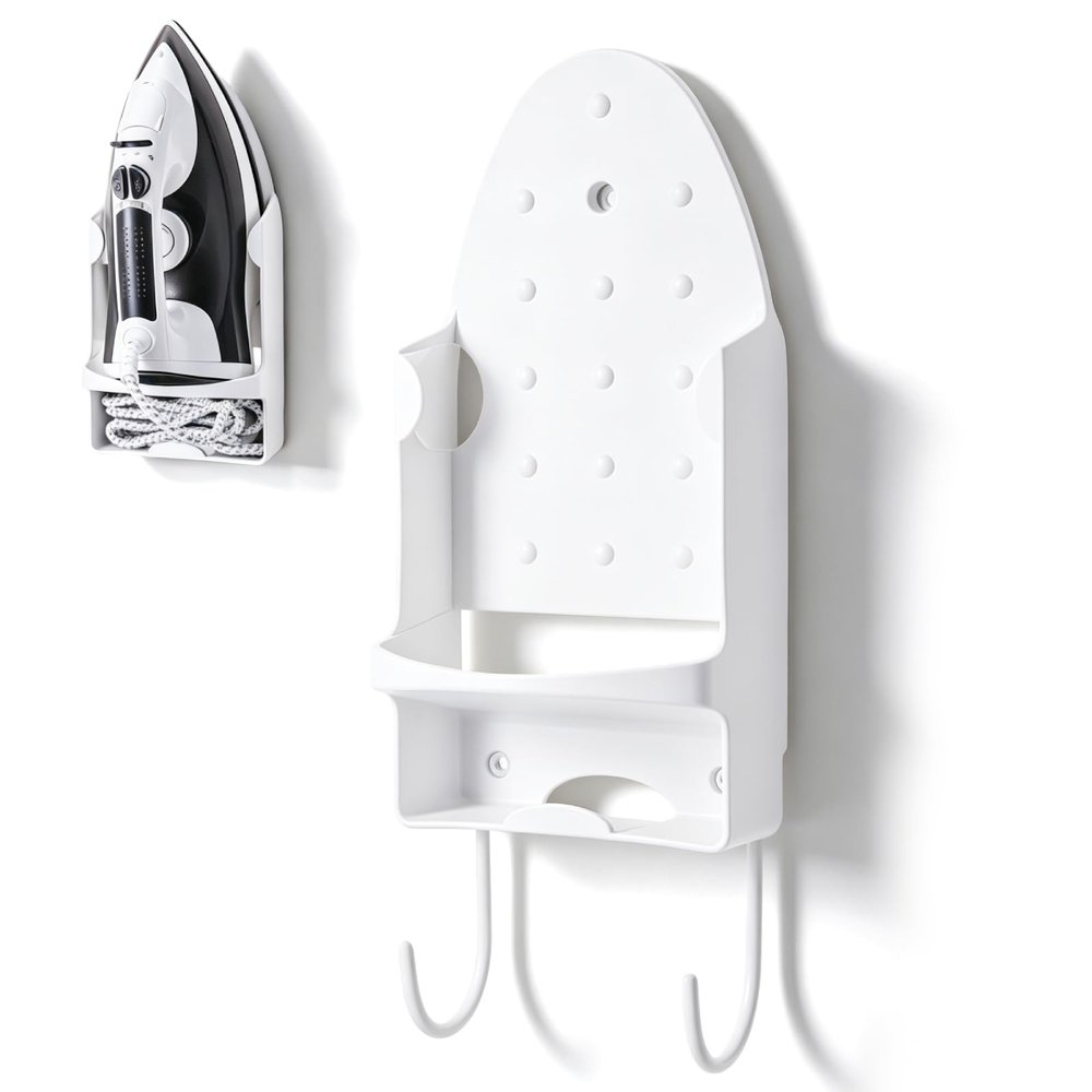 Ironing Board Hanger Wall Mount, Electric Iron Holder Rack Organizer with Hooks for Household Bathroom Laundry Room Closet Hotel White