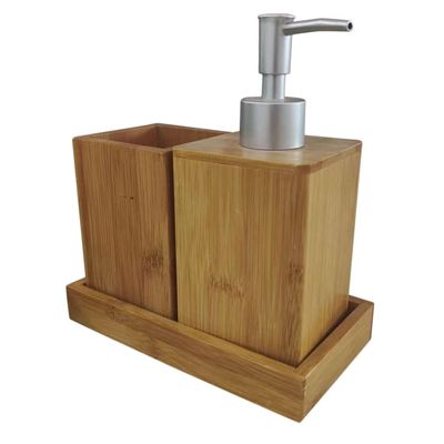 Bamboo Bathroom Accessory Set Soap Dispenser and Mouthwash Cup
