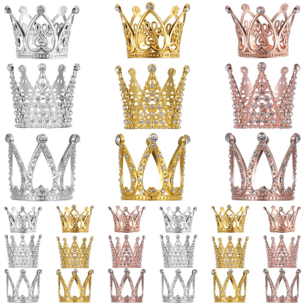 27 Mini Crowns, Glitter Metal Tiaras For Cake Toppers, Bouquets, Weddings, Parties, 3 Distinct Designs