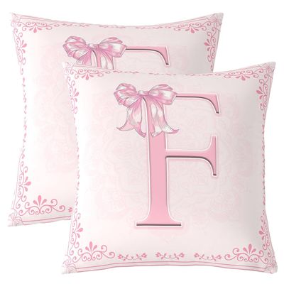 Manfei Pink Letter F Throw Pillow Cover Watercolor Floral Bow Double Sides Pillow Case for Kids Boys Girls,Princess Bowkont Cushion Cover for Bed Couch Sofa,2 Pack 18"x18"