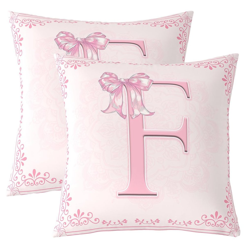 Manfei Pink Letter F Throw Pillow Cover Watercolor Floral Bow Double Sides Pillow Case for Kids Boys Girls,Princess Bowkont Cushion Cover for Bed Couch Sofa,2 Pack 18"x18"