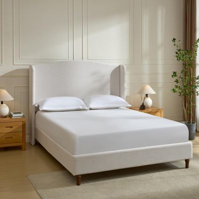 KEIKI King Size Upholstered Bed with Wingback Headboard, Chenille Bedframe, Wooden Slat Mattress Support, No Box Spring Needed, Ivory