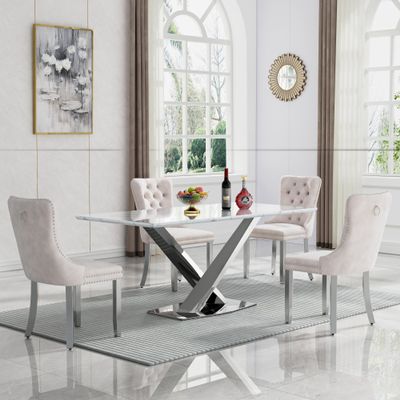 5 Piece Dining Room Table Set, 70" Faux Marble Dining Table Set for 4, White Gold Kitchen Table and 4 Blue Velvet Dining Chairs with Gold Stainless Steel Legs for Kitchen Home