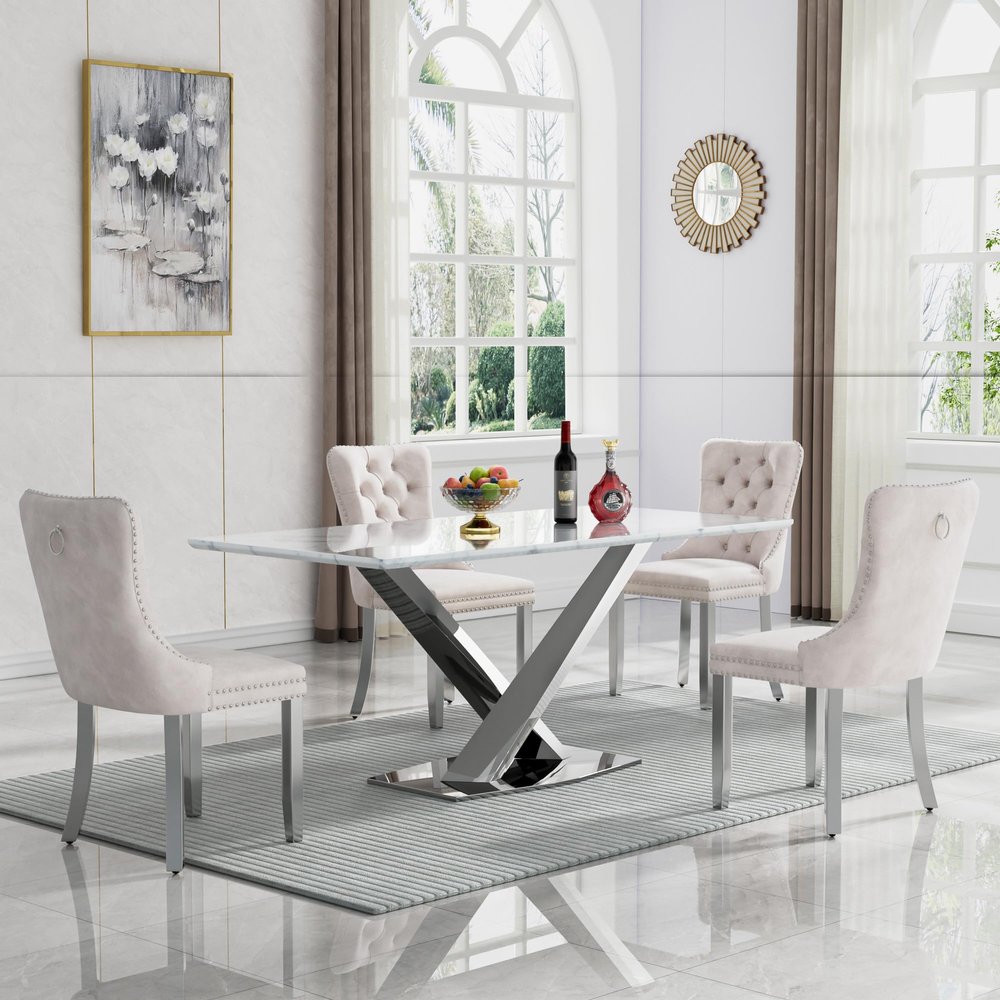 5 Piece Dining Room Table Set, 70" Faux Marble Dining Table Set for 4, White Gold Kitchen Table and 4 Blue Velvet Dining Chairs with Gold Stainless Steel Legs for Kitchen Home