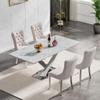 5 Piece Dining Room Table Set, 70" Faux Marble Dining Table Set for 4, White Gold Kitchen Table and 4 Blue Velvet Dining Chairs with Gold Stainless Steel Legs for Kitchen Home view 2