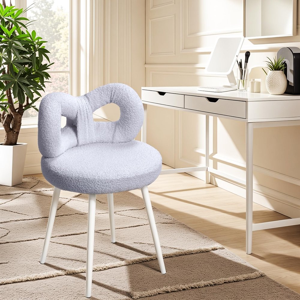 gihusrzx Makeup Vanity Chair with Back, Bow-Knot Girls Boys Desk Chair Comfy No Wheels,Modern Dining Chair,Small Accent Chair with Adustable Legs & Bow Pillow for Home Office, Bedroom Blue