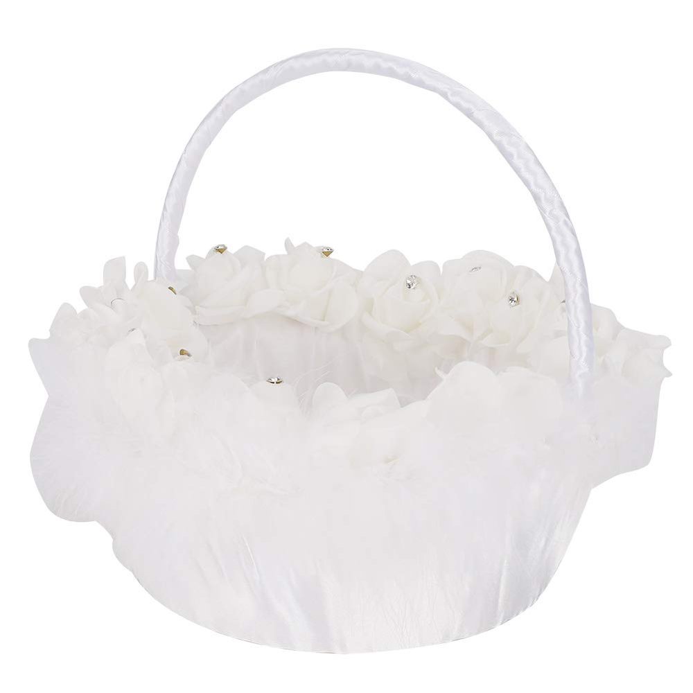 Wedding Flower Baskets, Satin Elegant Bride Basket Flower Girl Box with Handle for Wedding Ceremony Party Desktop Decor