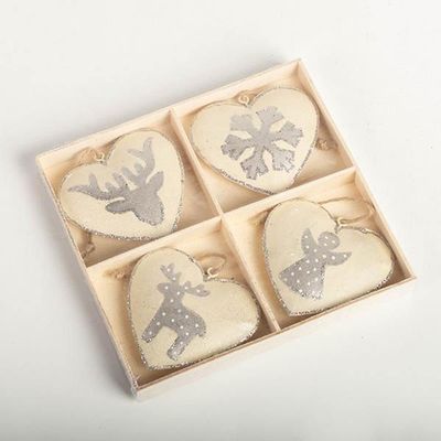 Beige with Silver Decor Heart Shaped Ornaments - Set of 4