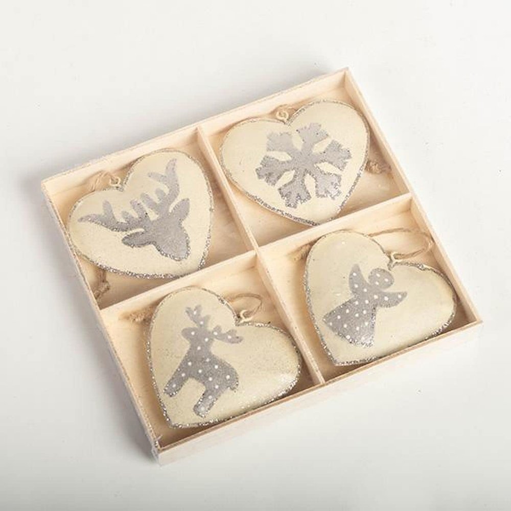 Beige with Silver Decor Heart Shaped Ornaments - Set of 4