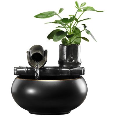 Vestamore Ceramic Tabletop Fountain with Bamboo Water Feature, Glossy Black Finish for Desk Or Countertop