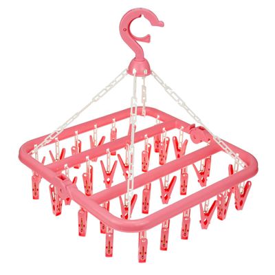 AKOOSY Foldable Clip Hanger with 32 Plastic Clips Underwear and Sock Drying Rack Space Saving Laundry Hanger for Children's Clothes Random Color