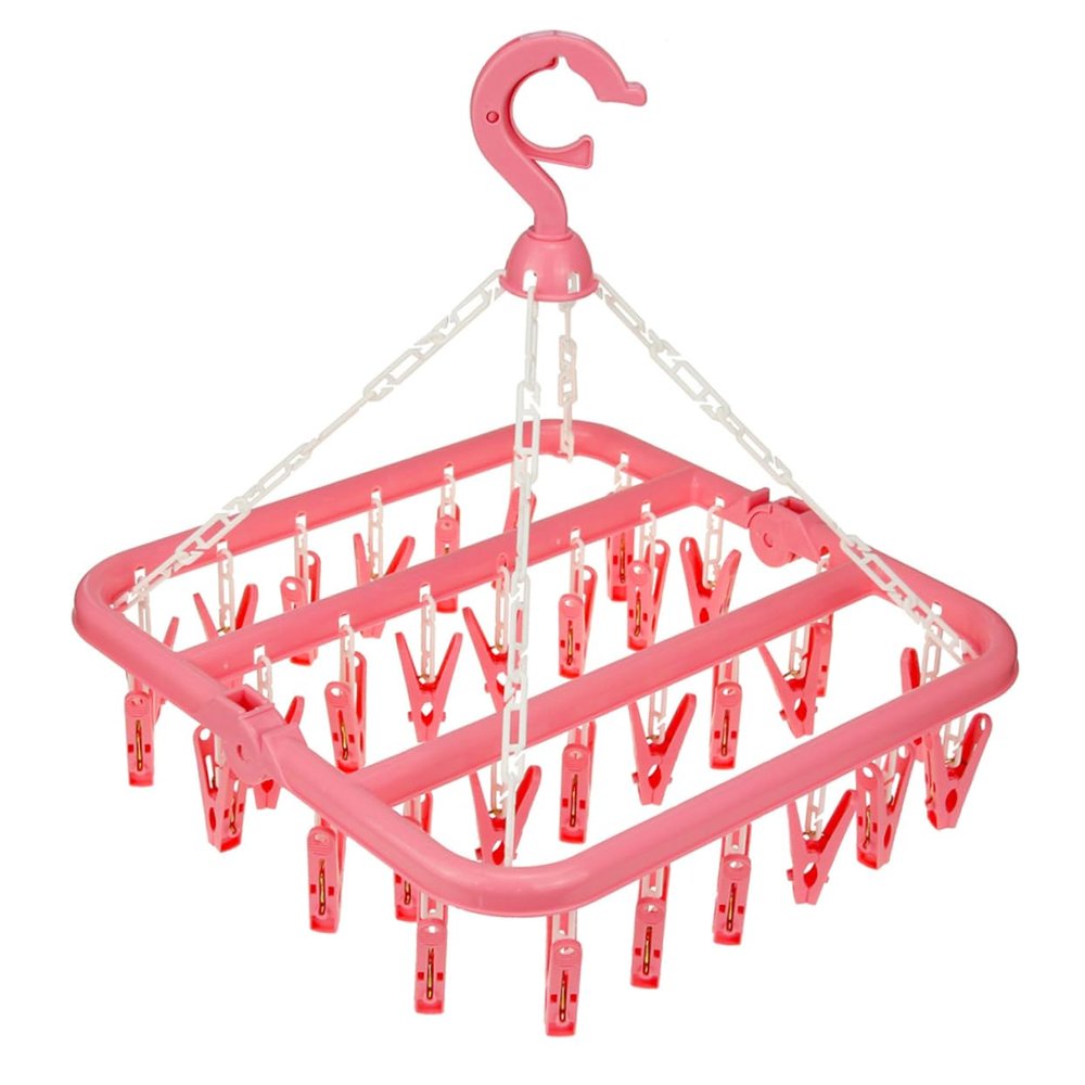 AKOOSY Foldable Clip Hanger with 32 Plastic Clips Underwear and Sock Drying Rack Space Saving Laundry Hanger for Children's Clothes Random Color