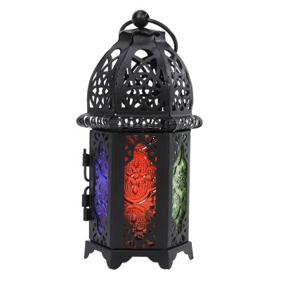 6.7'' Moroccan Lanterns Decorative Indoor & Outdoor Vintage Candle Holder Hanging Tabletop Metal Ramadan Lanterns with Six Color Glasses for Home Patio Porch Decor (Black)