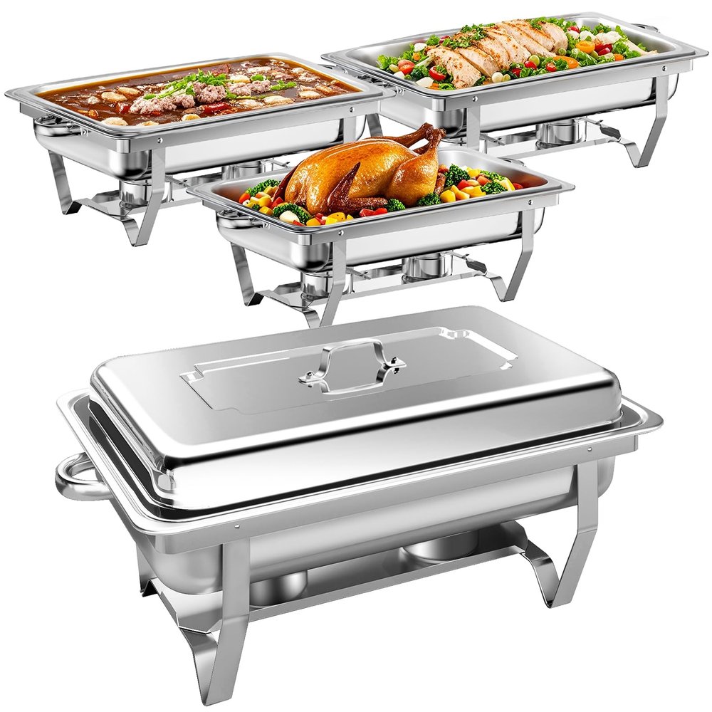 Jwevvie 9QT Chafing Dish Buffet Set Stainless Steel Chafer with 4 Full Size Pans, Rectangle Catering Warmer Server with Lid Water Pan Stand Fuel Holder, for Weddings Parties Banquets, Silver