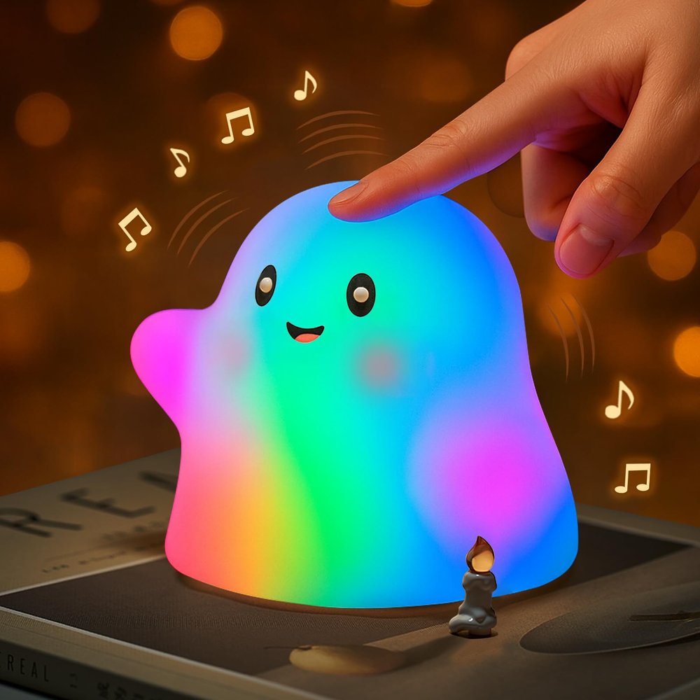 nextanG RGB Ghost Night Light Color-Changing Tap Control Fun Toy for Kids, Soft Squishy Silicone Lamp with Sounds, Dimmable Rechargeable Bedside & Table Lamp, Funny Gift for Boys & Girls(Ghost-RGB)
