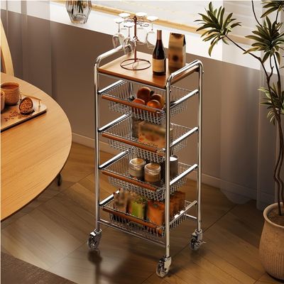 Heavy 5-Tier Snack Cart with Wheels, Rolling Snack Cart with Pull-Out Hollow Metal Basket, Fruit Vegetable Basket, Rolling Pantry Rack, Utility Multi-function Kitchen Sorting Rack(15.4''x11.4''x35.4''