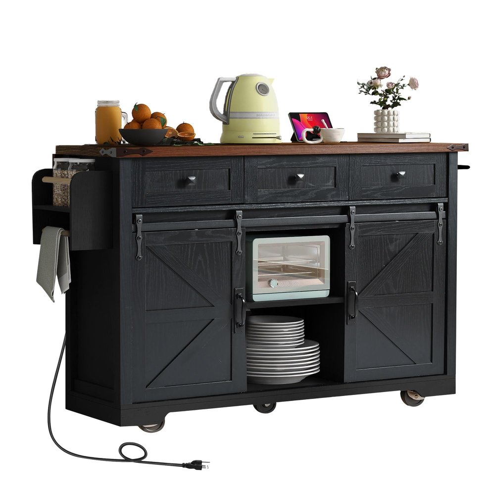 53.7" Farmhouse Kitchen Island with Power Outlet, Drop Leaf, 2 Sliding Barn Doors, Storage Drawers, Spice Rack, Mobile Rolling Cart for Kitchen, Dining Room