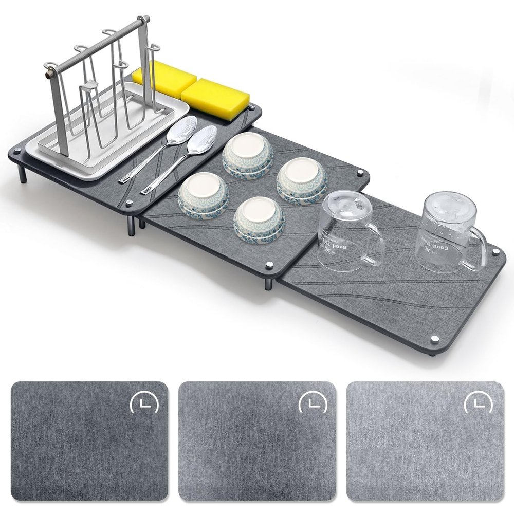 3Pcs Nesting Stone Drying Mat for Kitchen Counter, Quick Drying Stone Dish Drying Mat with Non-Slip Feet, Super Absorbent Heat Resistant Diatomaceous Earth Dish Drying Mat for Dishes, Bottles-Curve