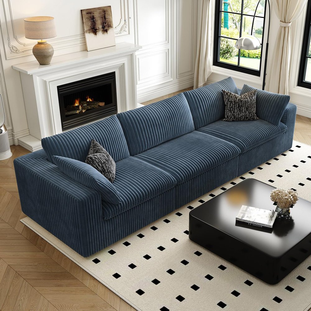 118" Cloud Couch Modular Sectional Sofa for Living Room,Modern Sofa with Deep Seat3 Seater Boneless Couch,Comfy Upholstered Corduroy Couches for Apartment, Studio, Office,BedroomBlue