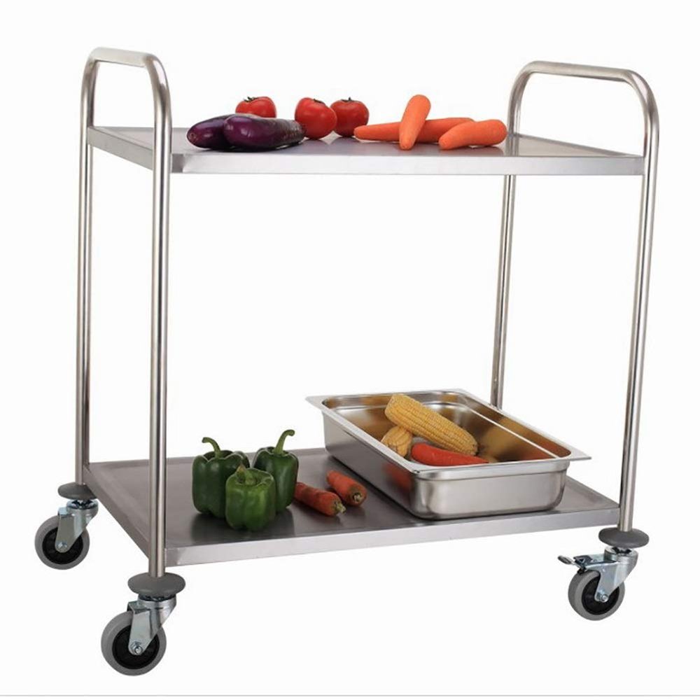 CKKNILV Movable Hand Trucks Storage Cart Kitchen Stainless Steel Hotel Catecart with Brake Wheel 2 Serving Trolley for Restaurants 150Kg Load Capacity/3 Tier/S-75 X 40 X 83Cm (2 Tier