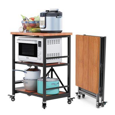 Black 3 Tier Origami Shelves with Wheels Folding Rolling Kitchen Island Cart Stainless Steel Utility Cart with Locking Wheels for Home Restaurant Hotel (Color: Black) (Natural