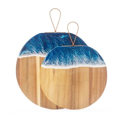 Acacia Wood Resin Cutting Board Ocean Wave Charcuterie Board, Pizza Serving Tray with Handle, Non-Slip Kitchen & Dining Serving Plate(Small)