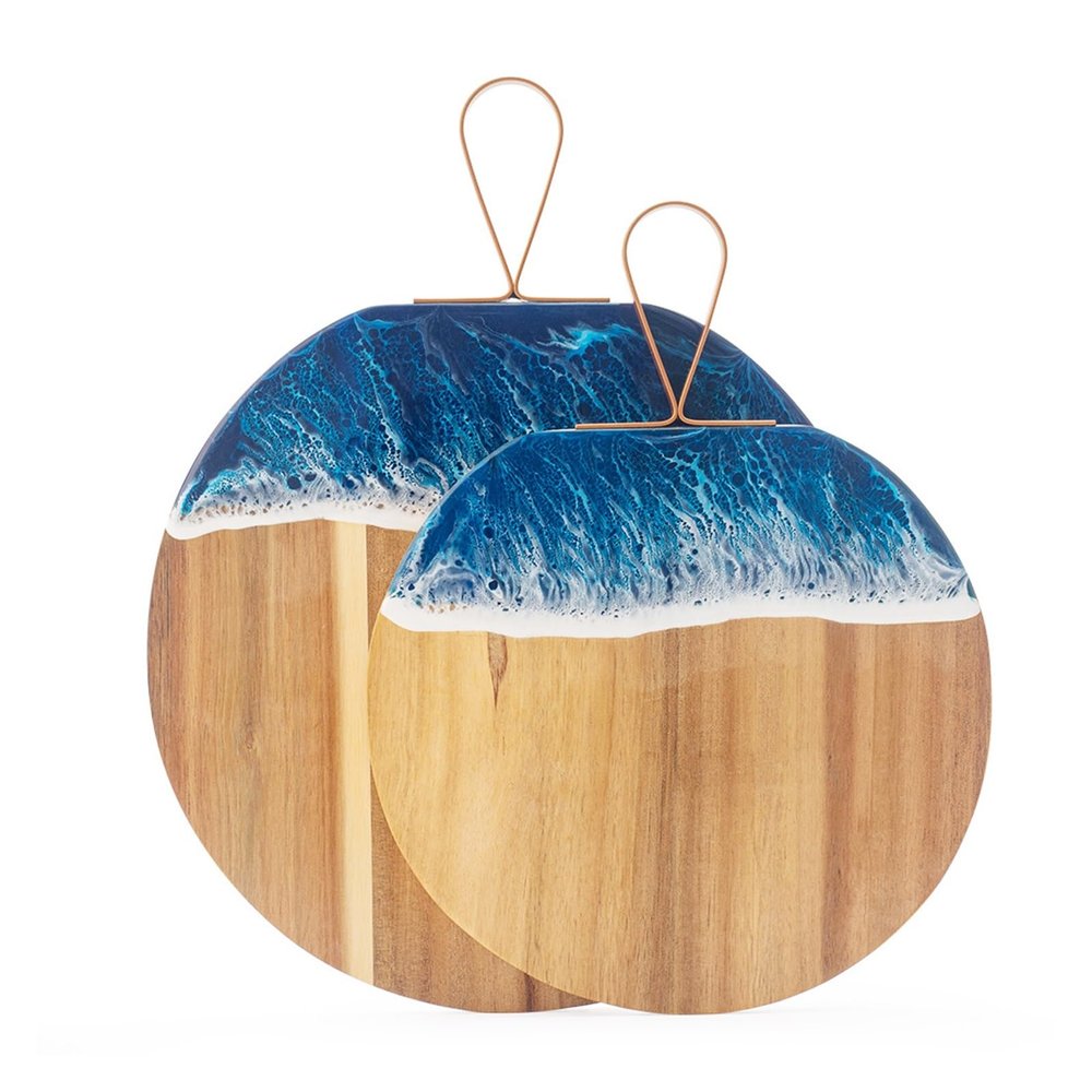 Acacia Wood Resin Cutting Board Ocean Wave Charcuterie Board, Pizza Serving Tray with Handle, Non-Slip Kitchen & Dining Serving Plate(Small)