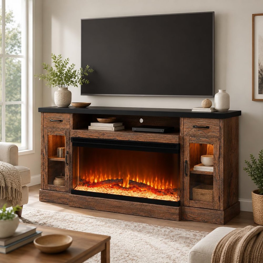 4 EVER WINNER 70" Fireplace TV Stand for TVs Up to 80", Farmhouse Entertainment Center with 3-Sided Glass Electric Fireplace, 2 Drawers, Storage Cabinets & Adjustable Shelves, Brown