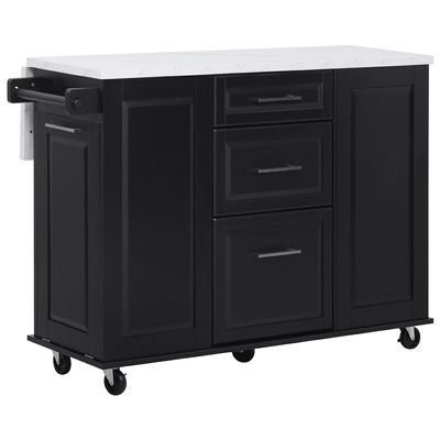 Zjjseloru Functional 50.7" Black Kitchen Island with MDF Design, Rolling Features, Tilt Trash Can & Ample Storage - A Must-Have for Modern Kitchens!