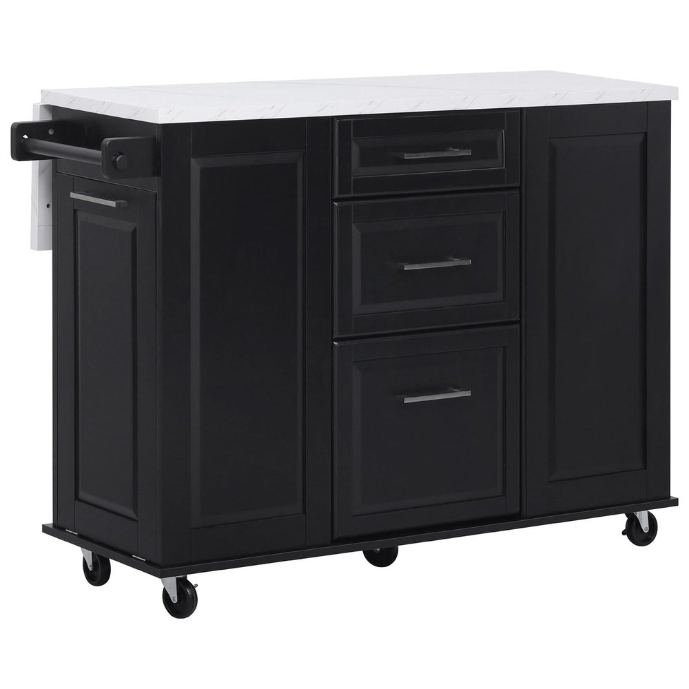 Zjjseloru Functional 50.7" Black Kitchen Island with MDF Design, Rolling Features, Tilt Trash Can & Ample Storage - A Must-Have for Modern Kitchens!