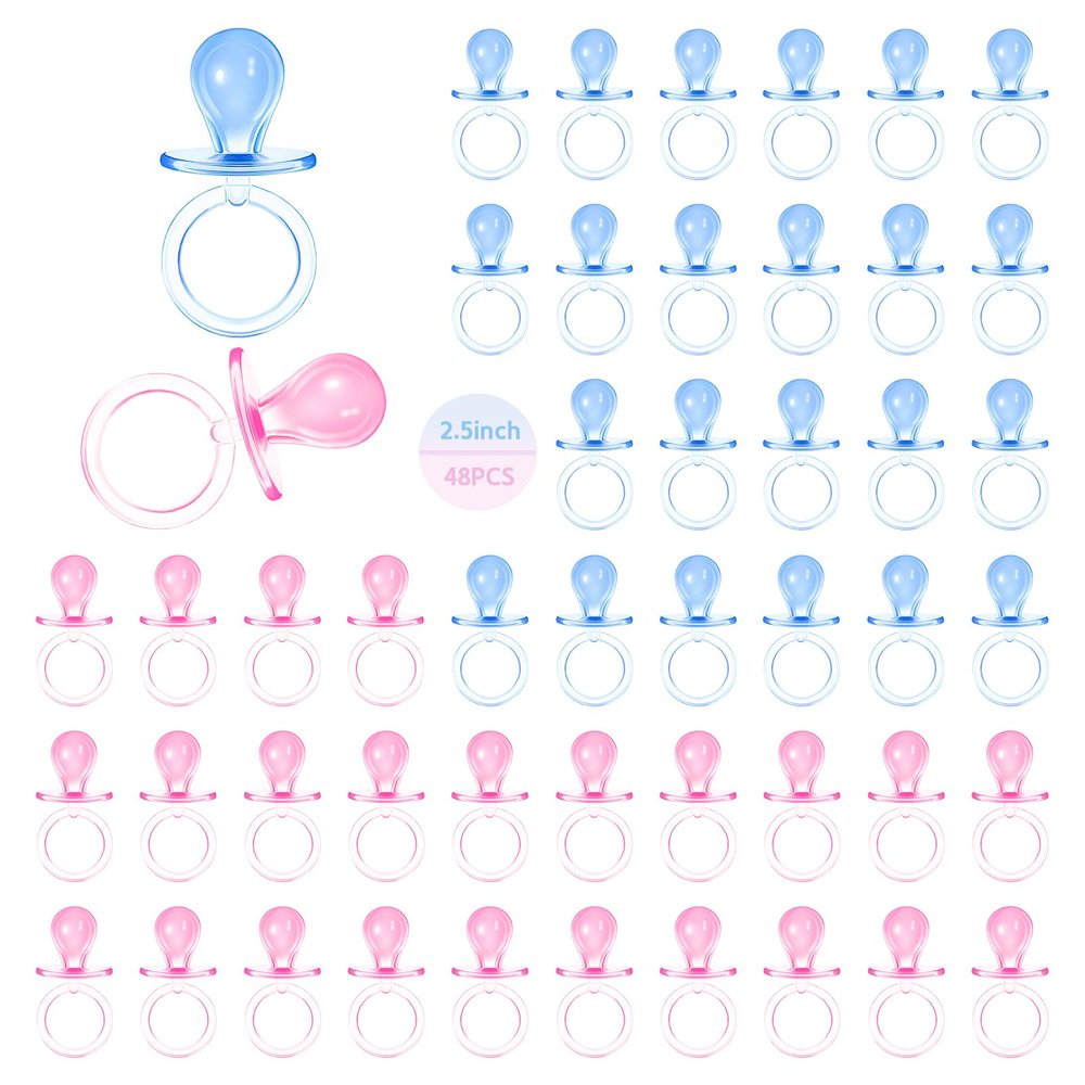 48 Pcs Pacifiers for Baby Shower Game, 2.5 Inch Large Size Plastic Pacifiers Baby Shower Games Pacifier Hunt Decoration DIY, Gender Reveal Table Scatter, Party Favors(Pink&Blue)