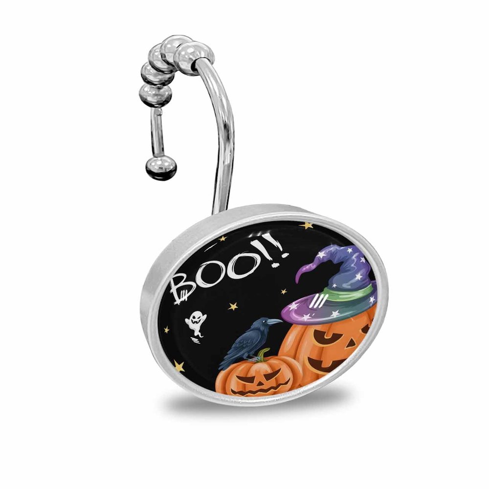 Halloween Shower Curtain Hooks, Pumpkin Crow Ghost Star Black 12PCS Shower Curtain Hooks Rings for Bathroom Stainless Steel Rust Shower Curtain Hangers