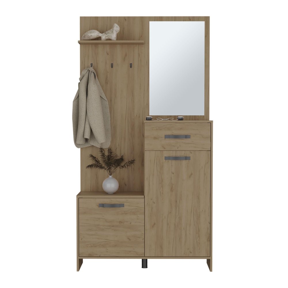 Hall Tree with Storage,Rustic Entryway Hall Tree with Coat Rack, Accent Coat Tree with 2 Doors, 1 Drawer, 1 Shelf, 1 Mirror