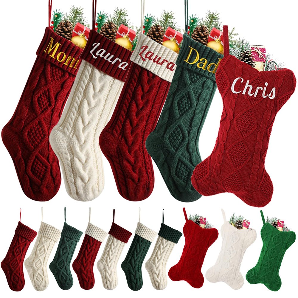 6 Pcs Personalized Christmas Stockings,Large Custom Family Christmas Stocking with Names, Customized Knit Embroidered Name Bone Shape Dog Christmas Stockings,Durable Fireplace Hanging Stockings