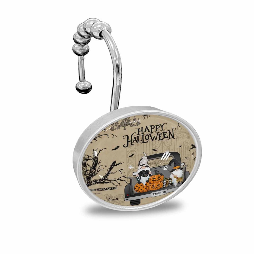 Happy Halloween Shower Curtain Hooks, Pumpkin Gnome Bats Vintage 12PCS Shower Curtain Hooks Rings for Bathroom Stainless Steel Rust Shower Curtain Hangers