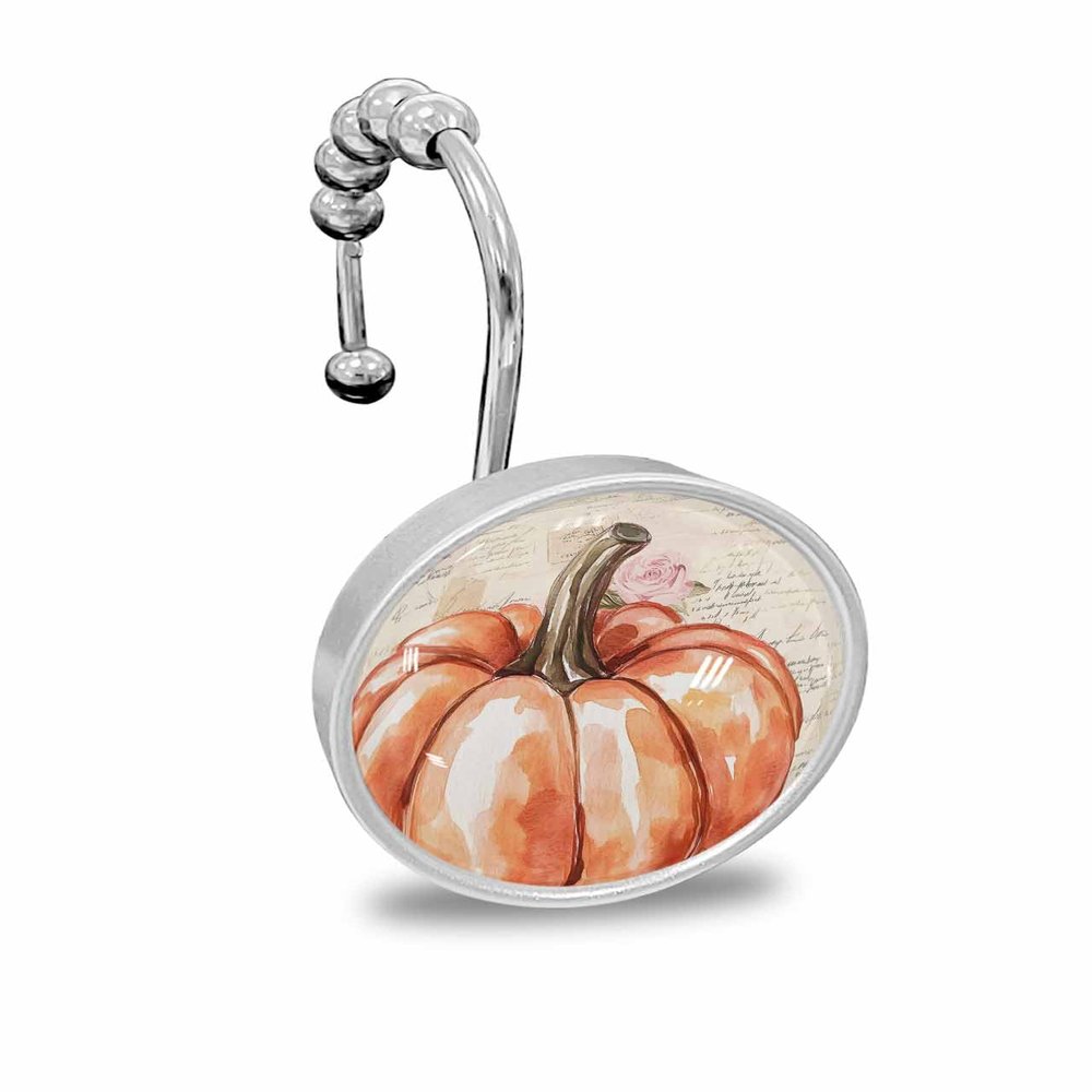 Fall Shower Curtain Hooks, Orange Pumpkin Letter Background 12PCS Shower Curtain Hooks Rings for Bathroom Stainless Steel Rust Shower Curtain Hangers