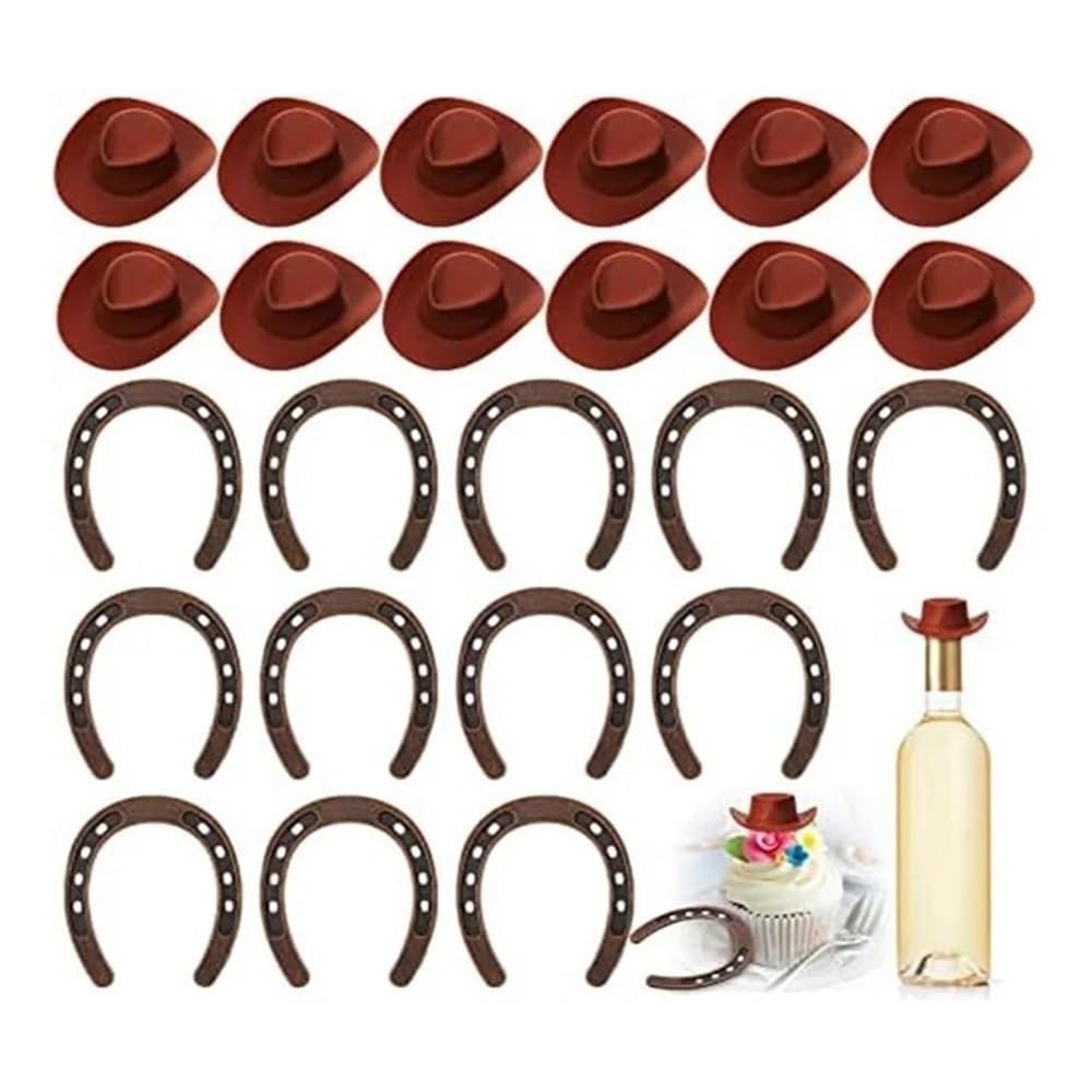 Hohota 24 Pieces Western Theme Lucky Horseshoe Ornament And Mini Cowboy Hat Crafts Miniature Horse Shoes Wedding Set