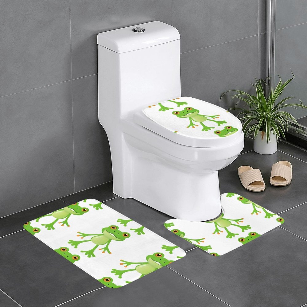 Anti-Slip Floor Mat Set of 3 WHJSHOP Cartoon Frog Toy Printing U-Shaped Toilet Floor Mat, Tightly Attached, Absorbent & Durable, Thick & Comfortable