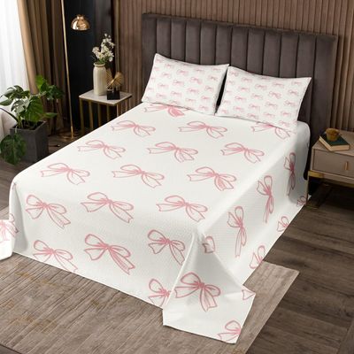 Castle Fairy Kawaii Watercolor Bow Bedding Sets King Size,Elegant Ribbon Bedspread 3Pcs for Kids Teens Woman Room Decorations,Princess Bowknot Comforter Set Quilt Coverlet 2 Pillowcases,Pink Beige