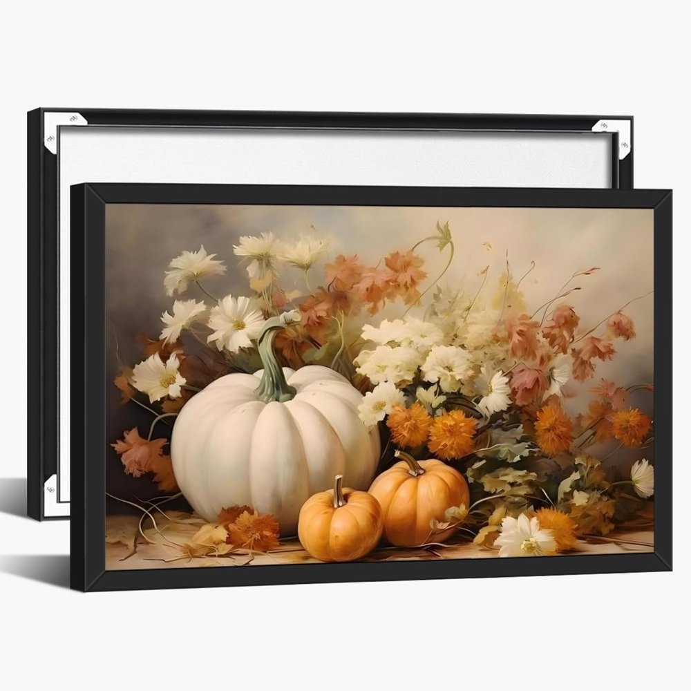 Fall Pumpkin Canvas Wall Art Halloween Decor Pictures Autumn Rustic Farmhouse Still Life Painting White Orange Pumpkins Daisy Flower Print Posters for Living Room Porch 16x24inch Black Framed