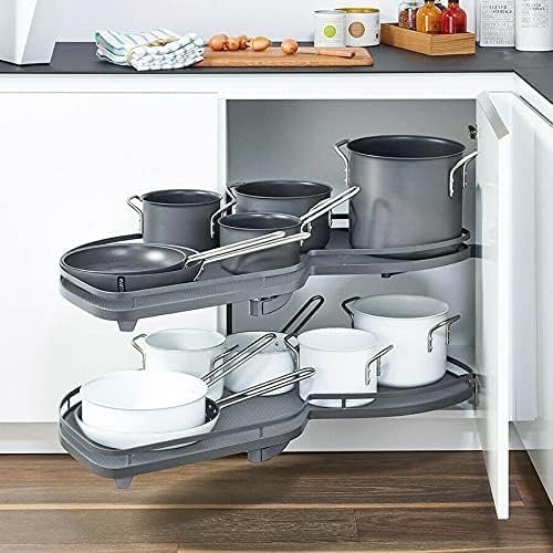 2 layer grey left corner pull out shelf kitchen cabinet cabinet rotating storage rack Kitchen corner carousel Applicable to 36 inch/900mm cabinetsKitchen carousel for corner cupboard(Left)