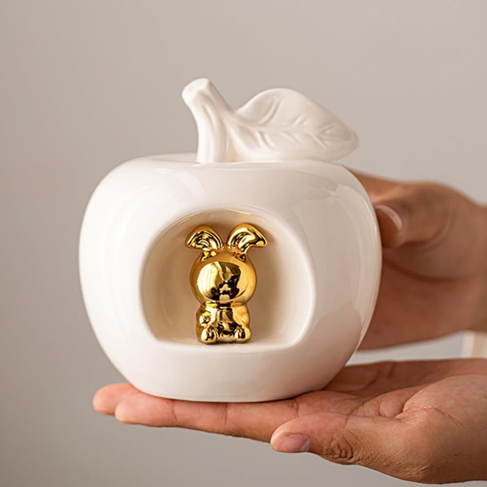 A ANTCAM Ceramic White Apple Figurine Fruit with Gold Rabbit for Elegant Home Decor, Tabletop Decorative Apples Statue for Bookcase Shelf Table in Living Room Wedding