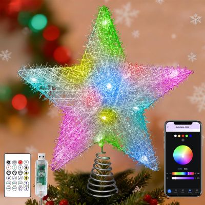 Christmas Star Tree Topper, 9'' Smart Silver Glitter Hollow Star Tree Topper with Remote & APP Control, 15 LEDs Christmas Tree Topper for Xmas Holiday Party Decorations Ornaments