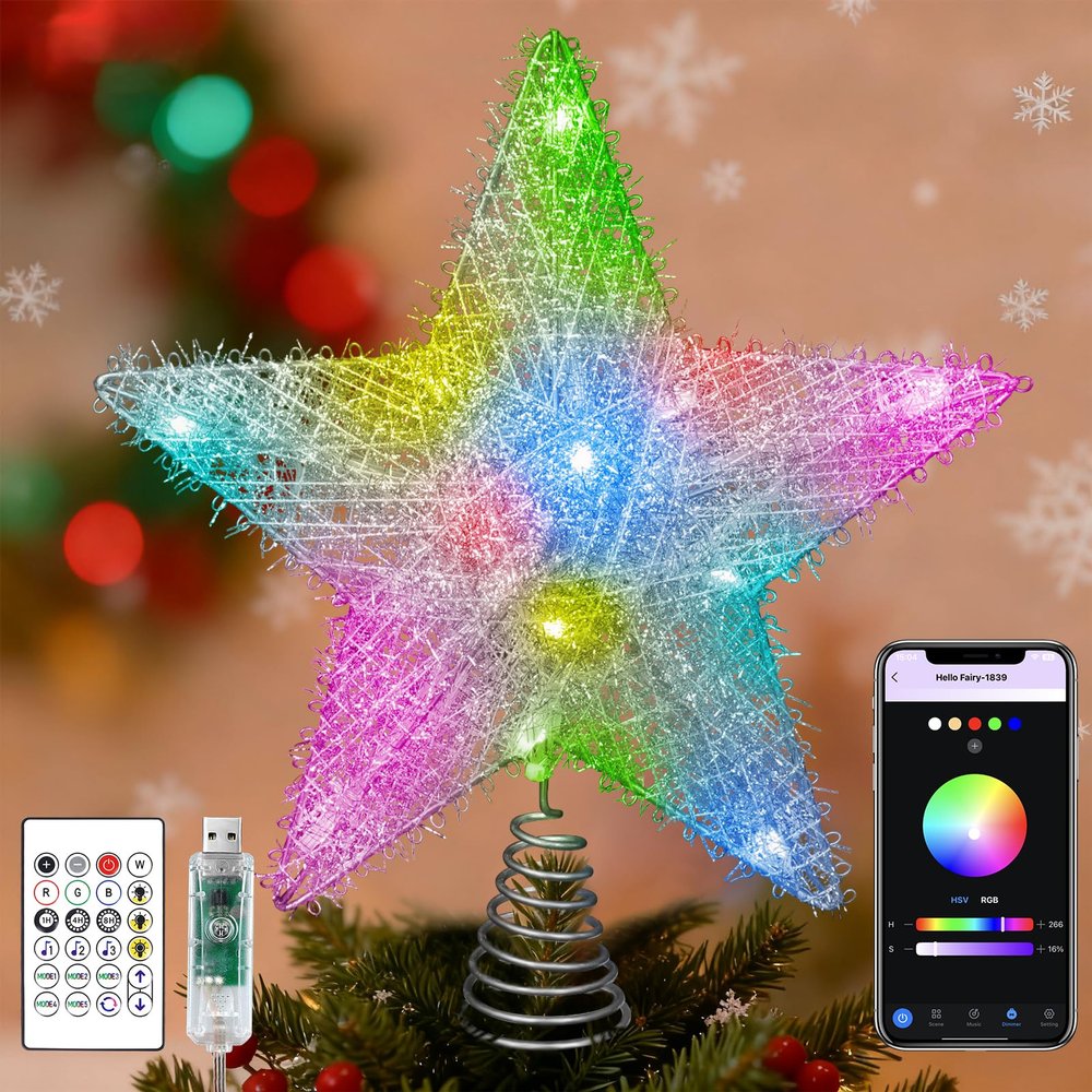 Christmas Star Tree Topper, 9'' Smart Silver Glitter Hollow Star Tree Topper with Remote & APP Control, 15 LEDs Christmas Tree Topper for Xmas Holiday Party Decorations Ornaments