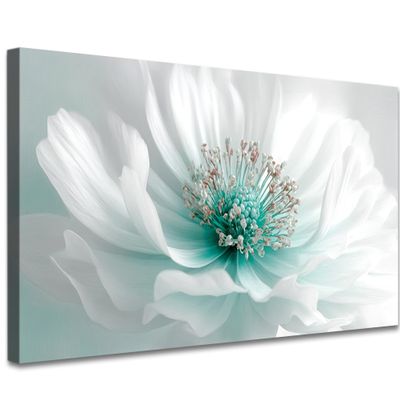 TIHUSAGO White and Teal Floral Wall Art Canvas Abstract Flower Painting Large Decorative Picture Modern Artwork for Bedroom Living Room Bathroom Home Decor Ready to Hang 48x24 Inches