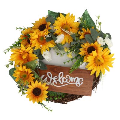 15 Inch Artificial Sunflower Wreath | Handmade Front Door Decor for Spring/Summer | Vibrant Yellow Floral Wreath for Glass Panels/Living Room | Home Decor Present