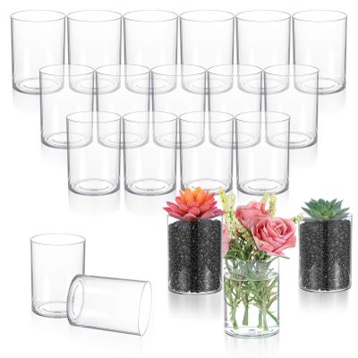 20 Pcs Plastic Cylinder Vase 4 Inch Acrylic Cylinder Vase Bulk Small Clear Flower Container Hurricane Candle Holder Round Wide Container Centerpiece for Home Office Wedding Decorations